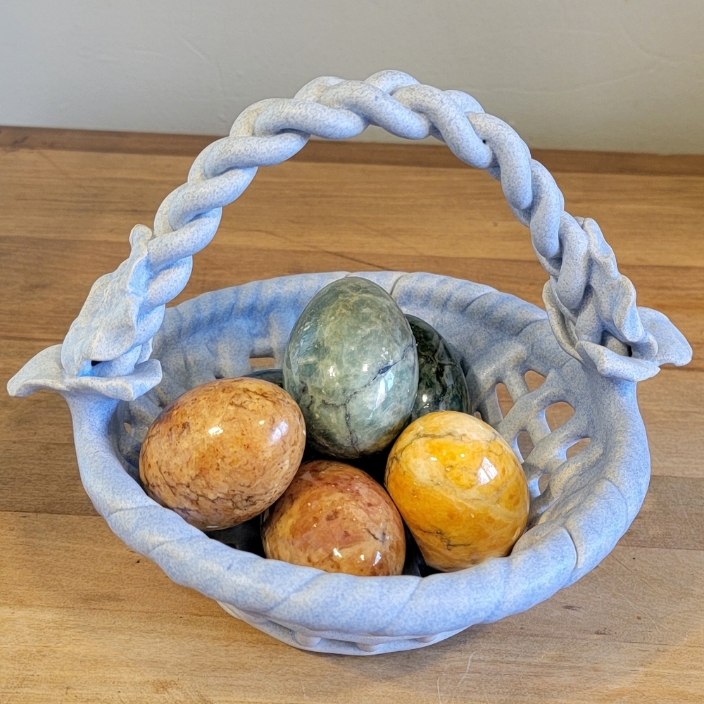 Vintage Pottery Millwork Handwoven Stoneware Basket with 6 Polished Stone Eggs